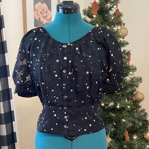 Highline Collective XS Puff Sleeve Black Polka Dot Women's Top